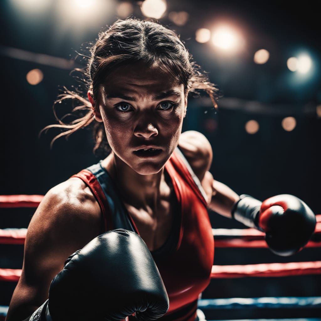 Female Boxer in Intense Boxing Ring Moment