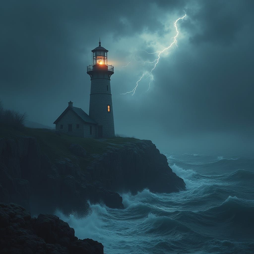 Lighthouse Battling Stormy Seas: A Matte Painting
