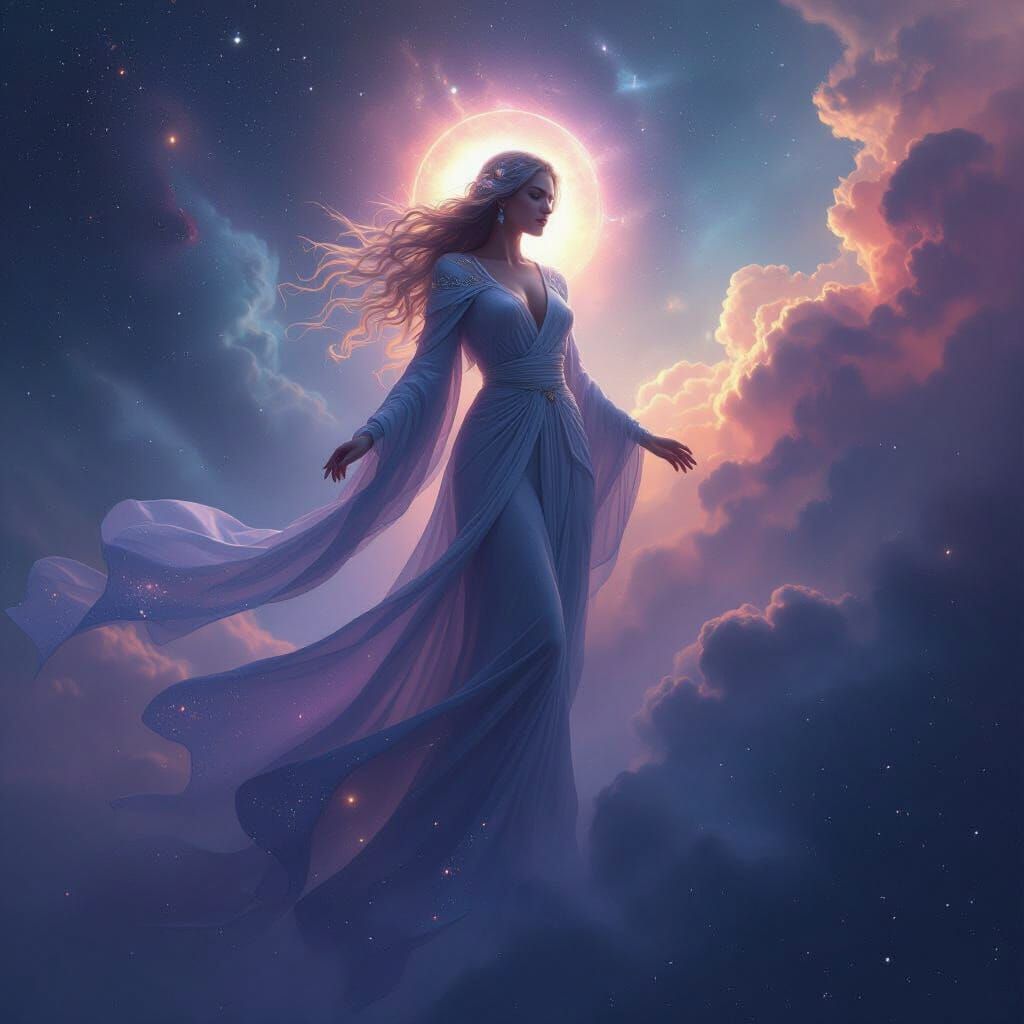 Celestial Goddess in Starry Robes with Glowing Aura