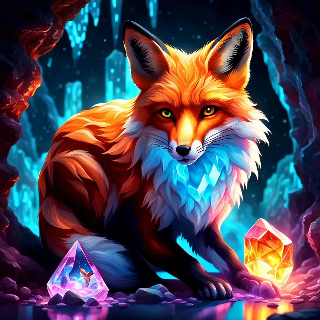 Glass Fox in a Radiant Crystal Cave: Hyperrealistic Art