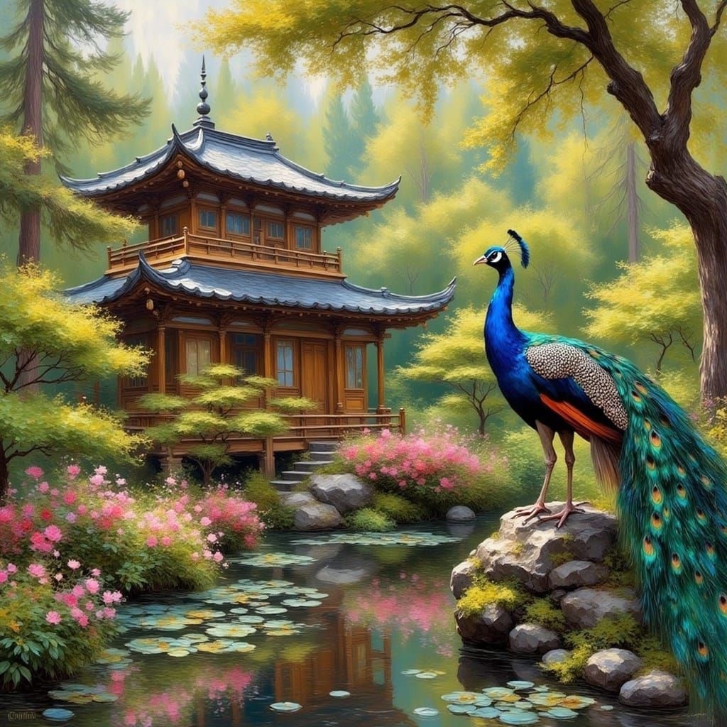 Peacock in Japanese Garden, Dreamy Gouache Style