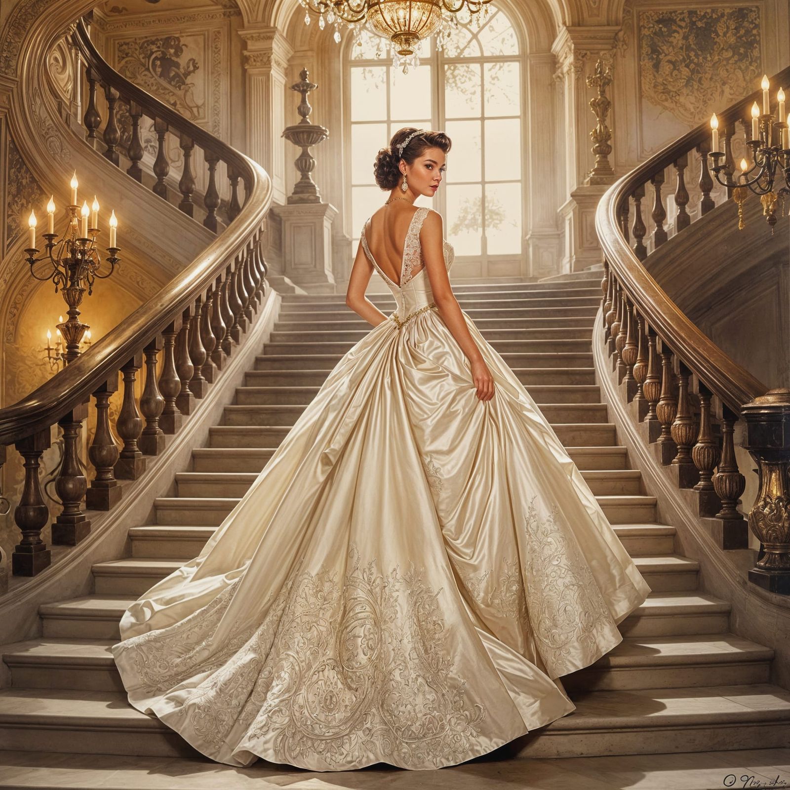 Glamorous 1950s Model in Ballroom Oil Painting