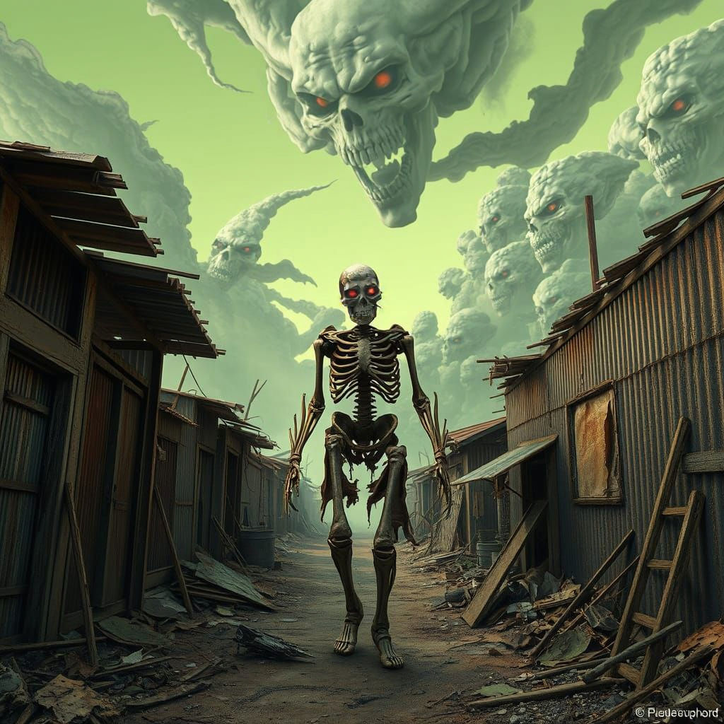 Glowing Skeleton Walks Through Abandoned Shanty Town at Dusk