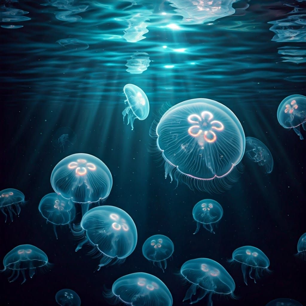 Fluorescent Jellyfish in a Mysterious Underwater World