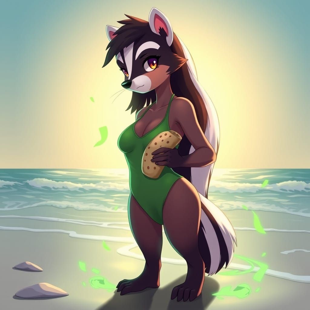 Surreal Anime Beach Scene with a Skunk Woman in a Green Swim...