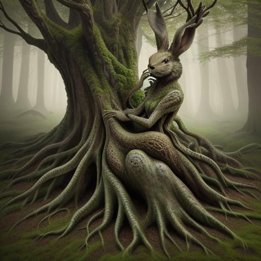 Ethereal Tree Root Sculpture of Lady with Rabbit