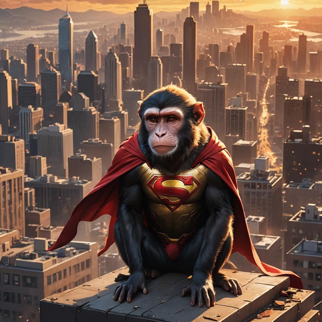Monkey as Superman on Rooftop in Comic Style