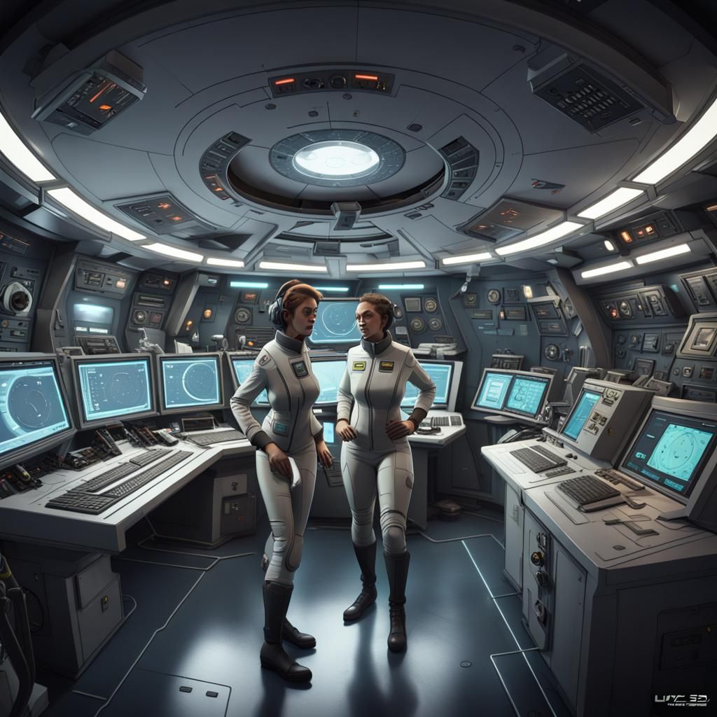 Spaceship Control Room Chaos in Cel-Shaded Style