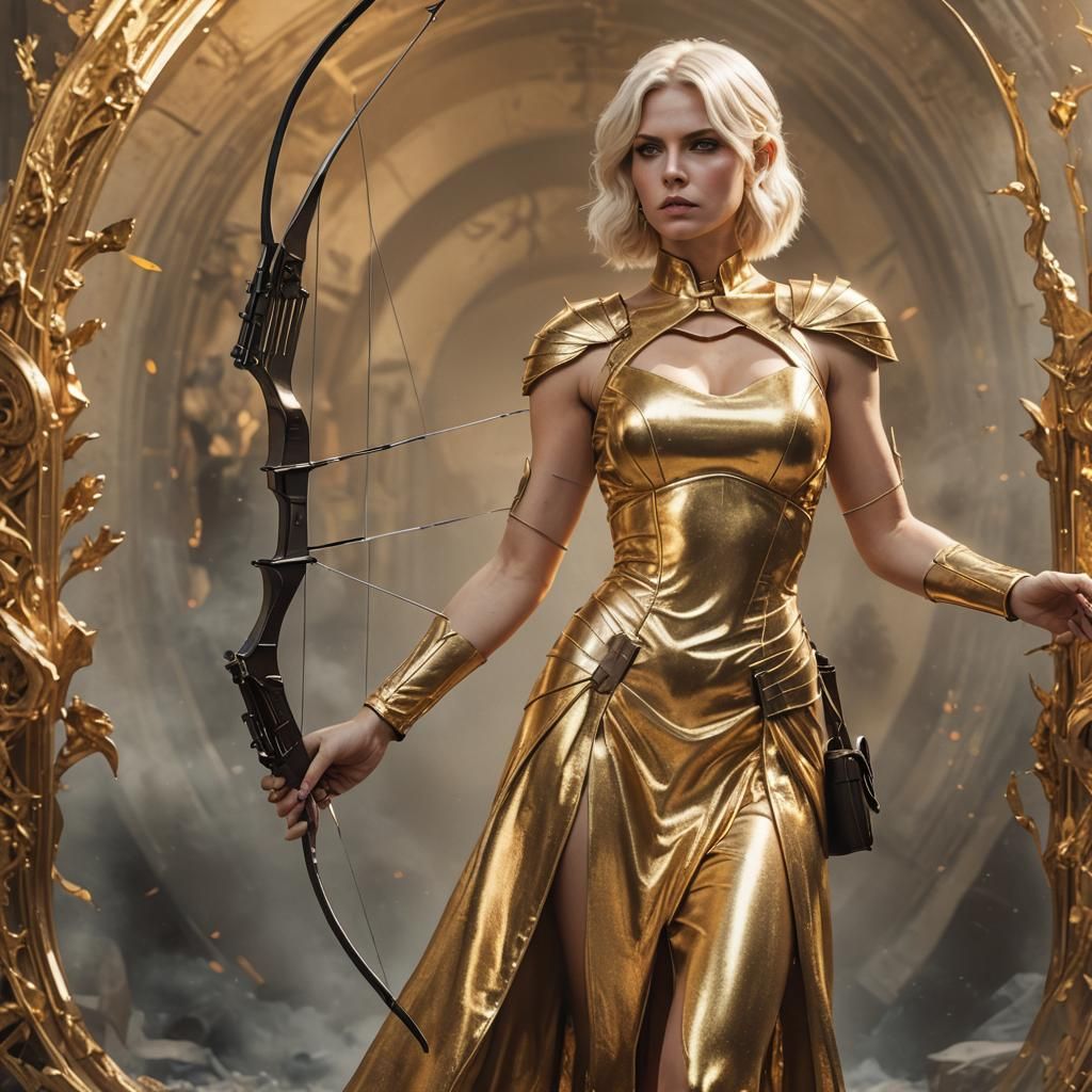 Blonde Archer in Golden Dress: Realistic Rendering