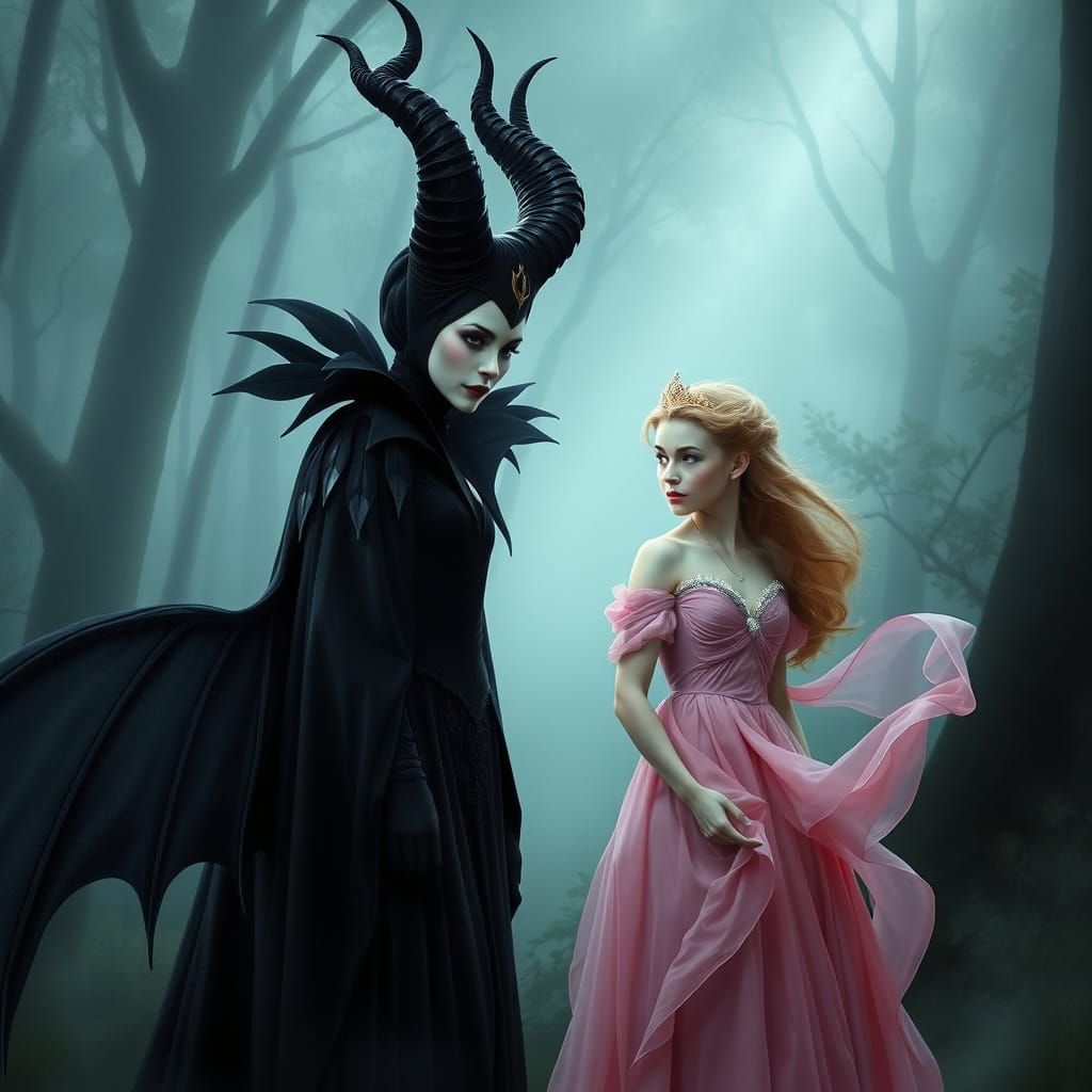 Maleficent and Aurora in Mystical Forest, Realistic Style