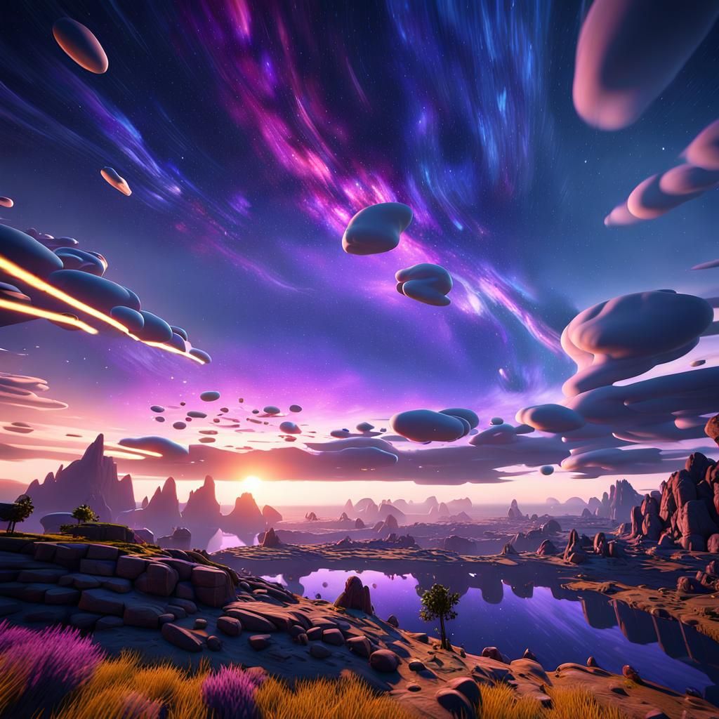 Surreal Purple Sunset with Nebulae in 3D Game Style