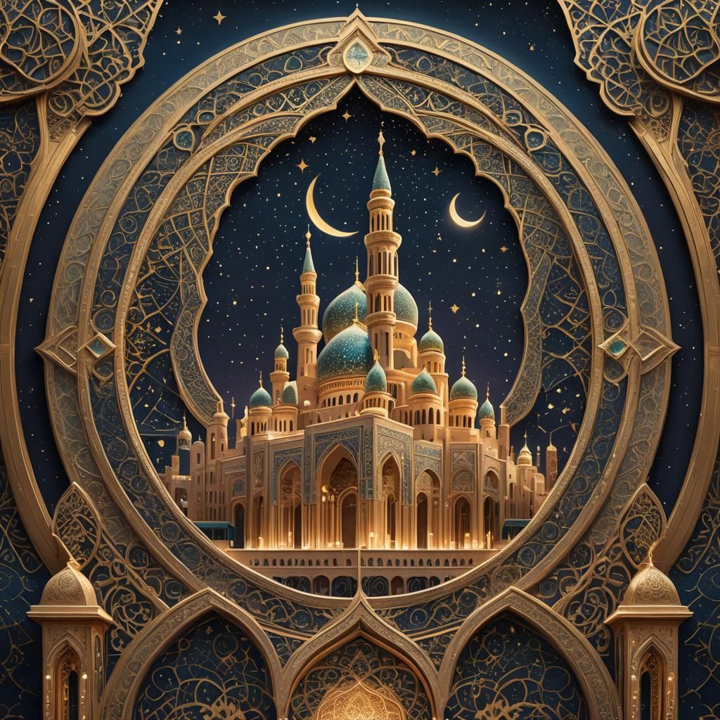 Majestic Islamic Architecture in a Moonlit Night Sky