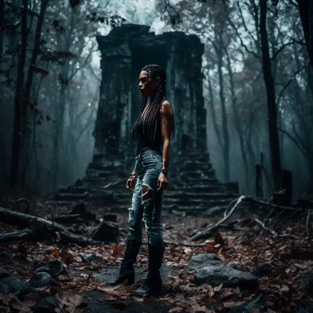 Latina Woman in Dark Forest with Macabre Aesthetic