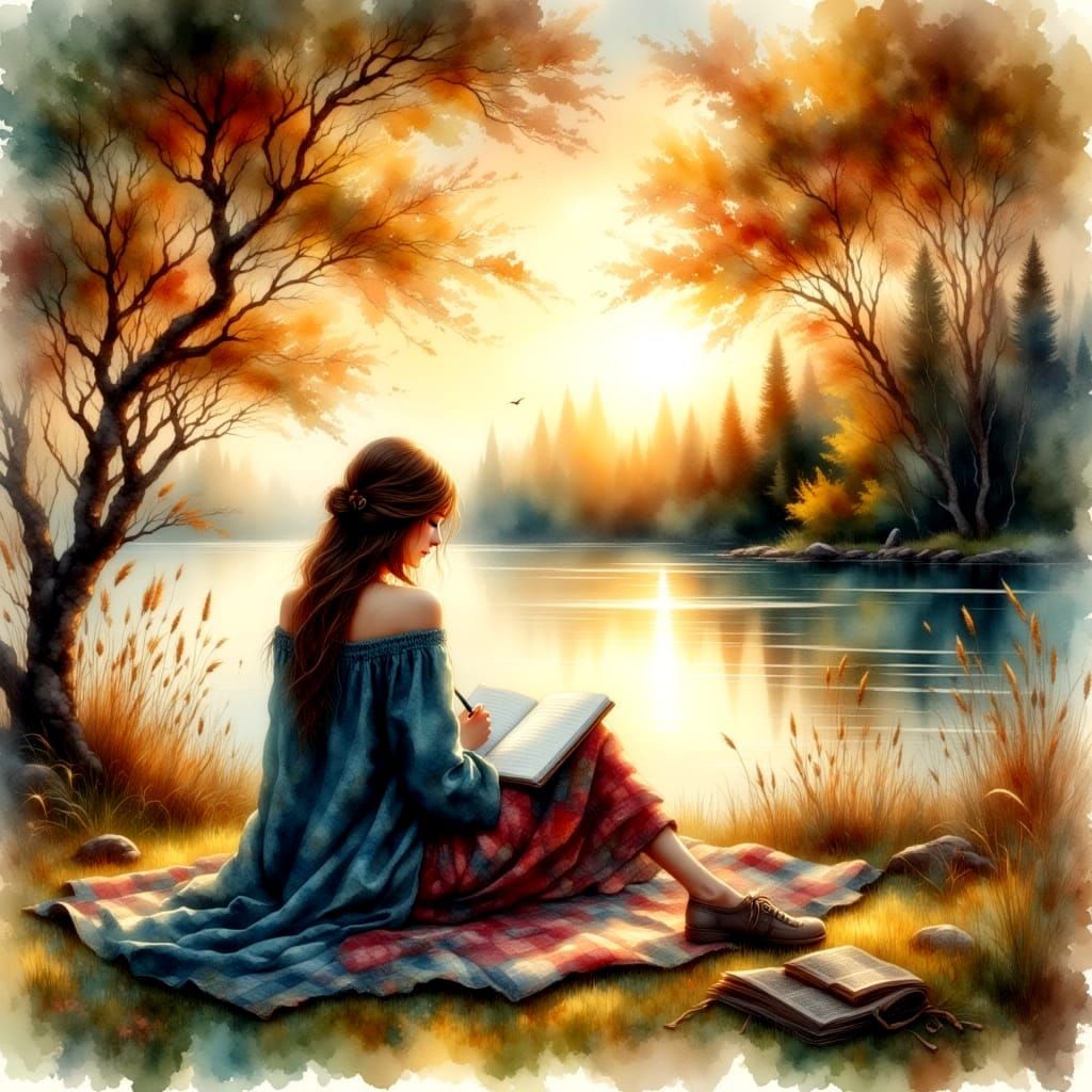 Watercolor Sketching by Lake at Sunset