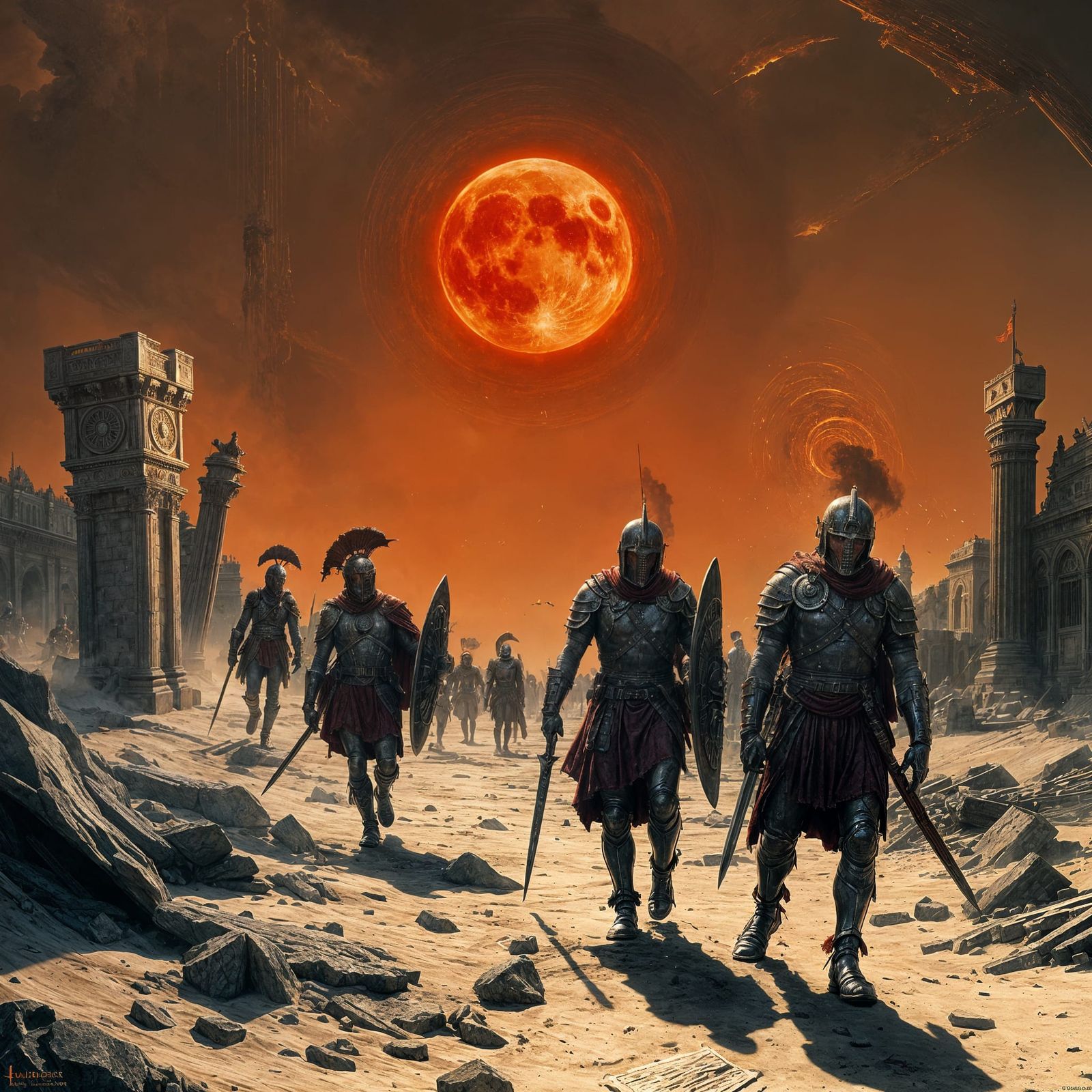 Dark Fantasy Legionnaires Marching into Haunting Landscape