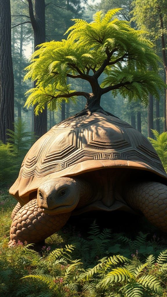 Majestic Turtle with Tree in Lush Landscape