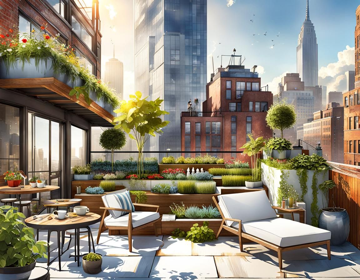 Sunny Rooftop Garden: 3D Render in Watercolor Style