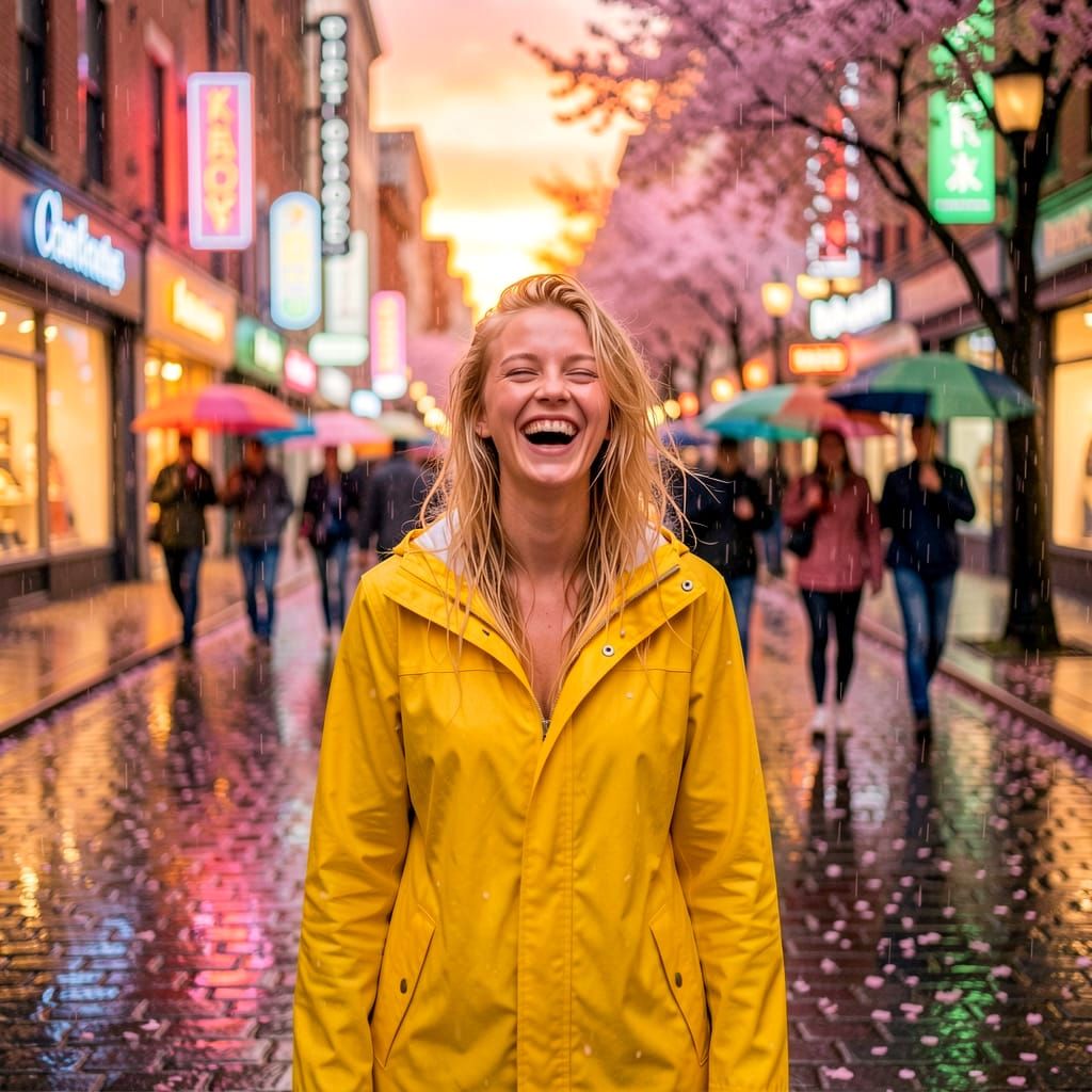 Woman in Yellow Raincoat in Wet City Street at Sunset