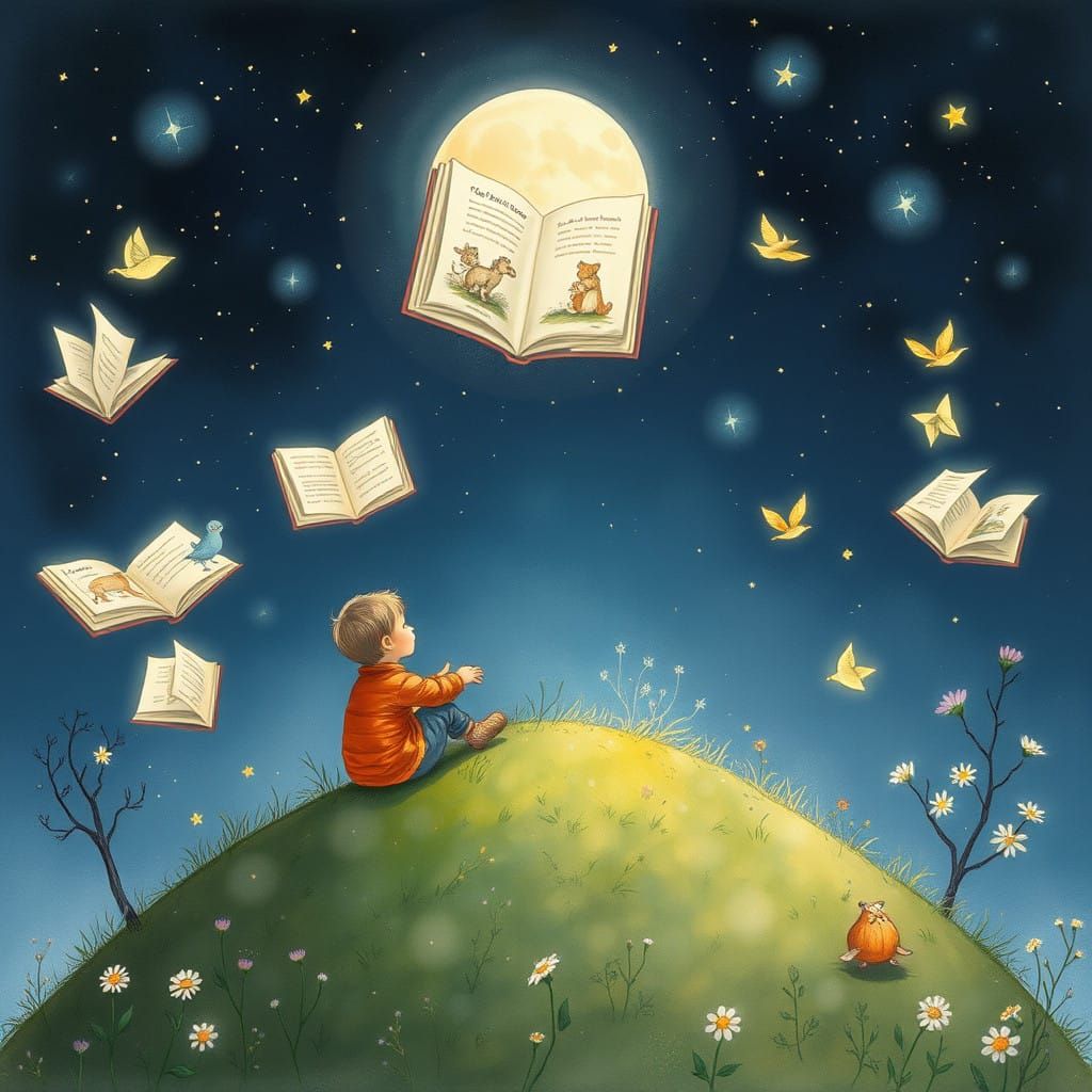 Whimsical Storybook Scene, a Dreamy Nighttime Fantasy