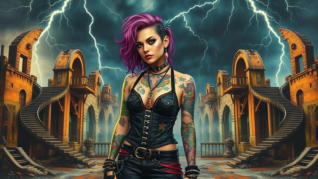 Punk Rocker in Cyberpunk Landscape as Impasto Painting