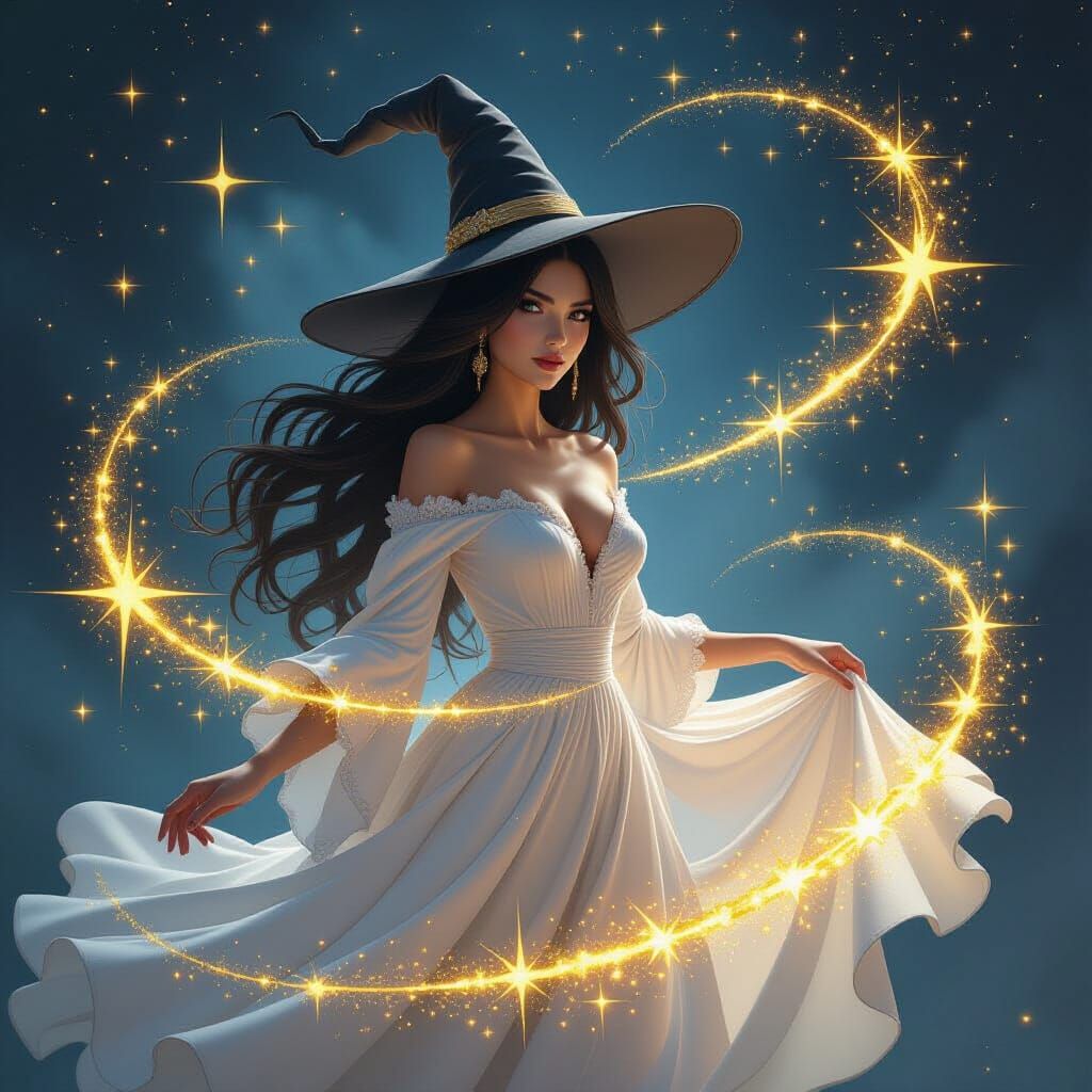 a mesmerizing 3D image of a majestically beautiful witch wit...