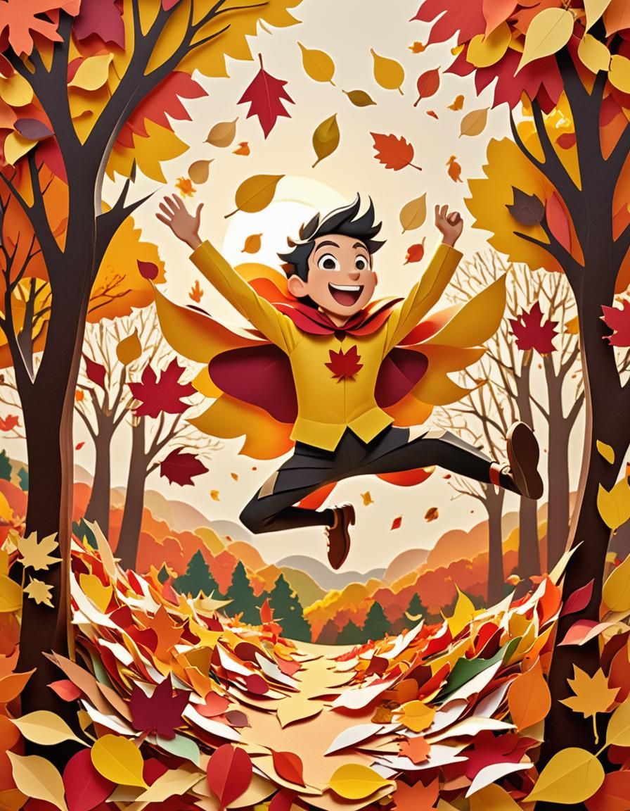 Joyful Cartoon Leaps into Autumn Paper Collage
