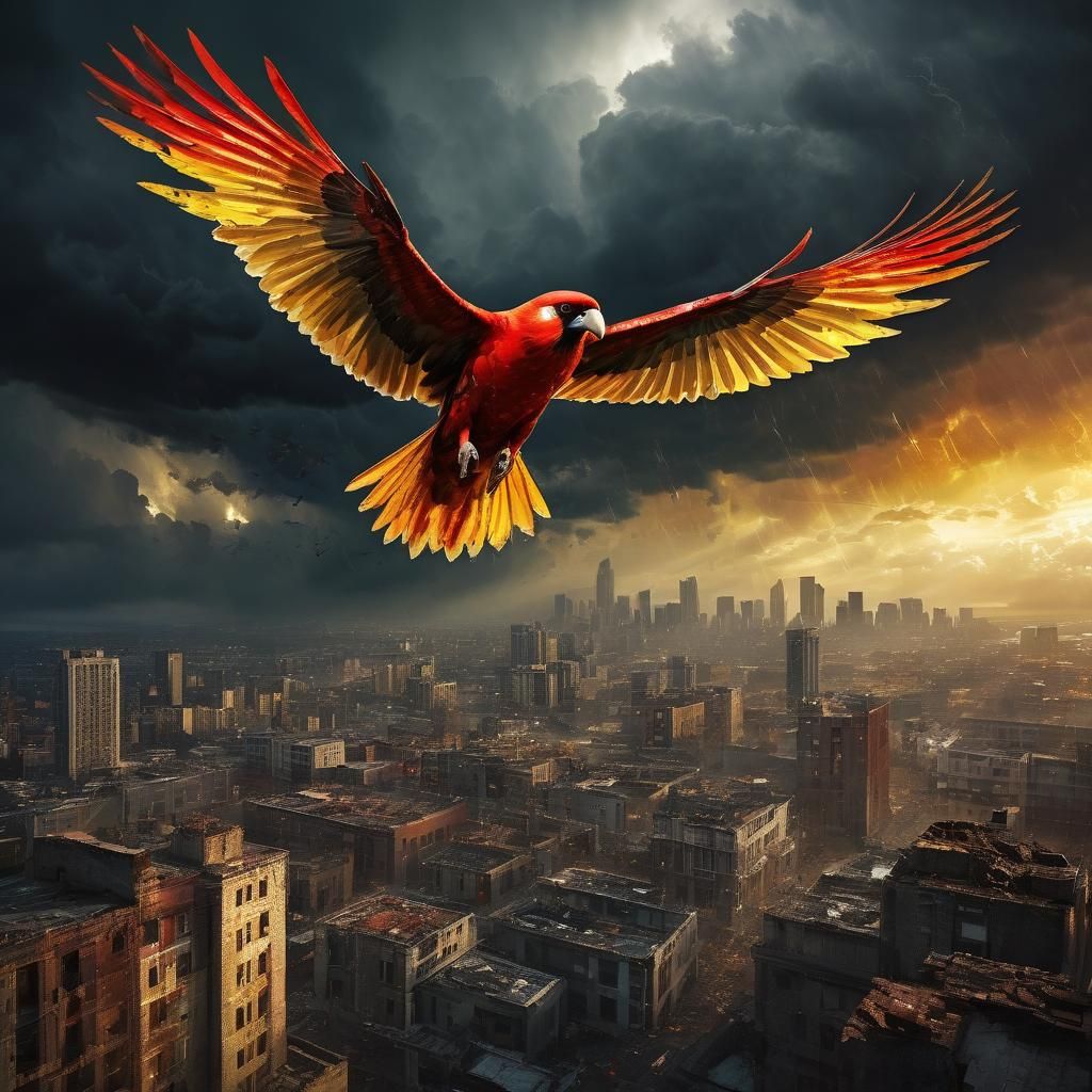 Bird Soaring Above Ruined City in Abstract Expressionism