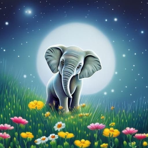 Adorable Elephant Cub in a Fantasy Flower Garden