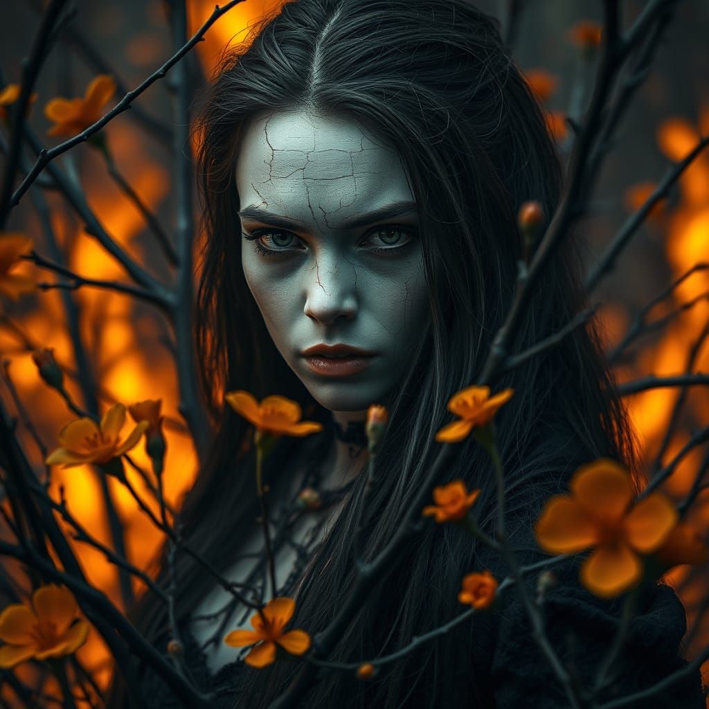 Dark Fantasy Goddess with Tattered Robes and Orange Blossoms