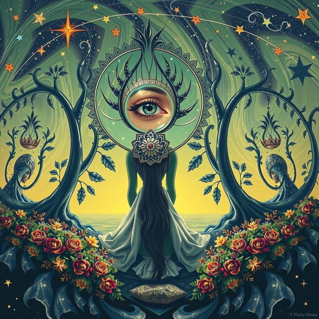 Photorealistic Starry Night with Silver Fibonacci Curves