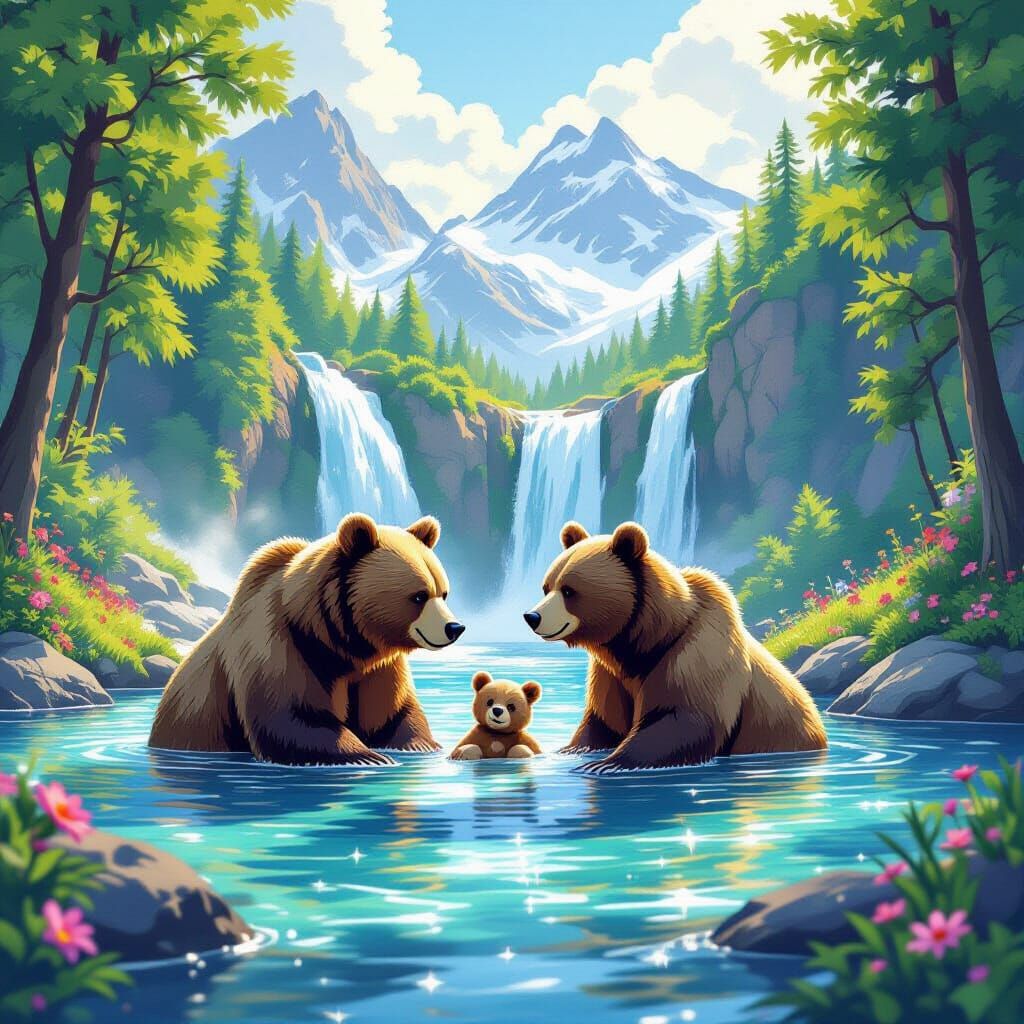 Bear Family Playtime at Waterfall in Hyperrealistic Comic St...