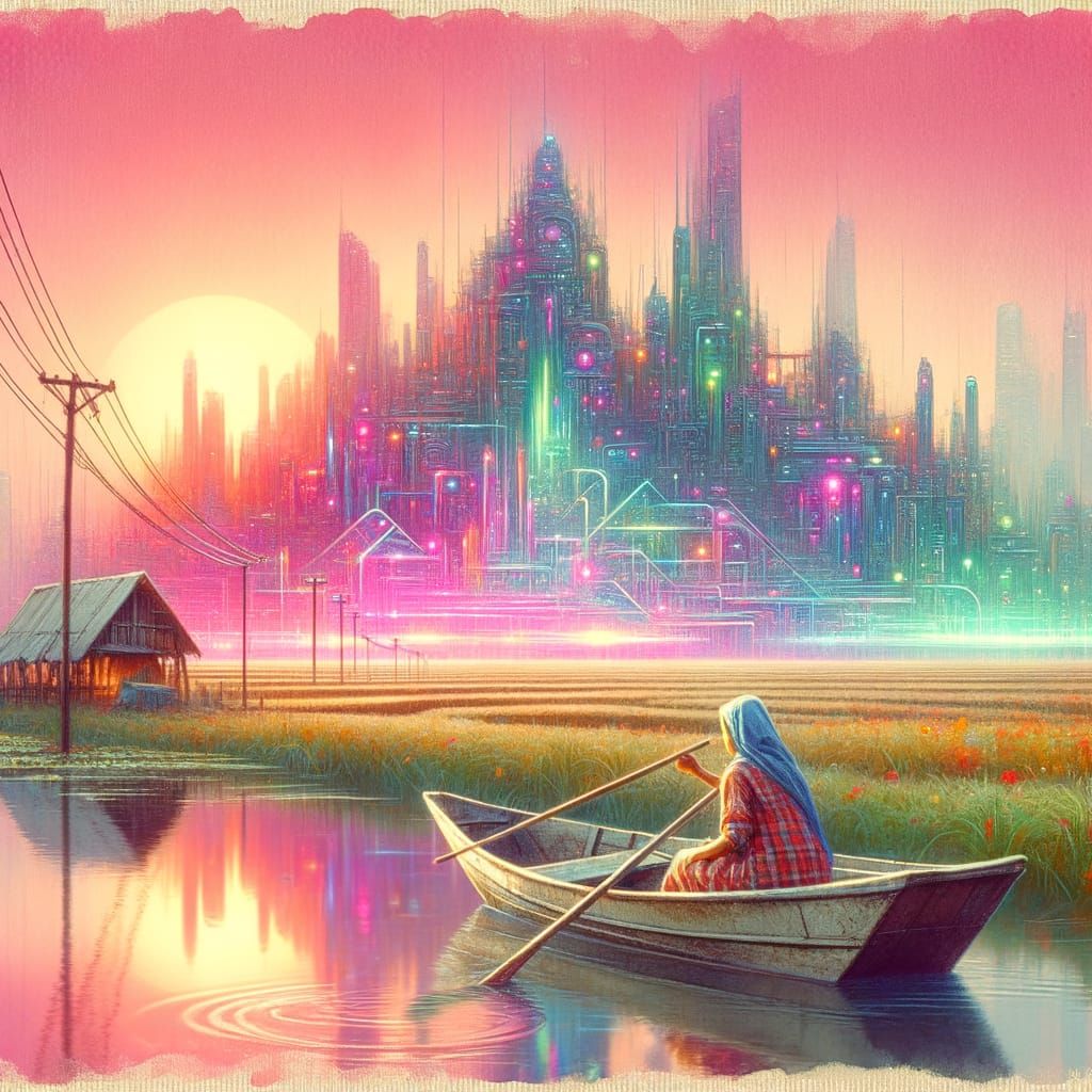 Pastel Watercolor: Farm Lady in Cyberpunk City