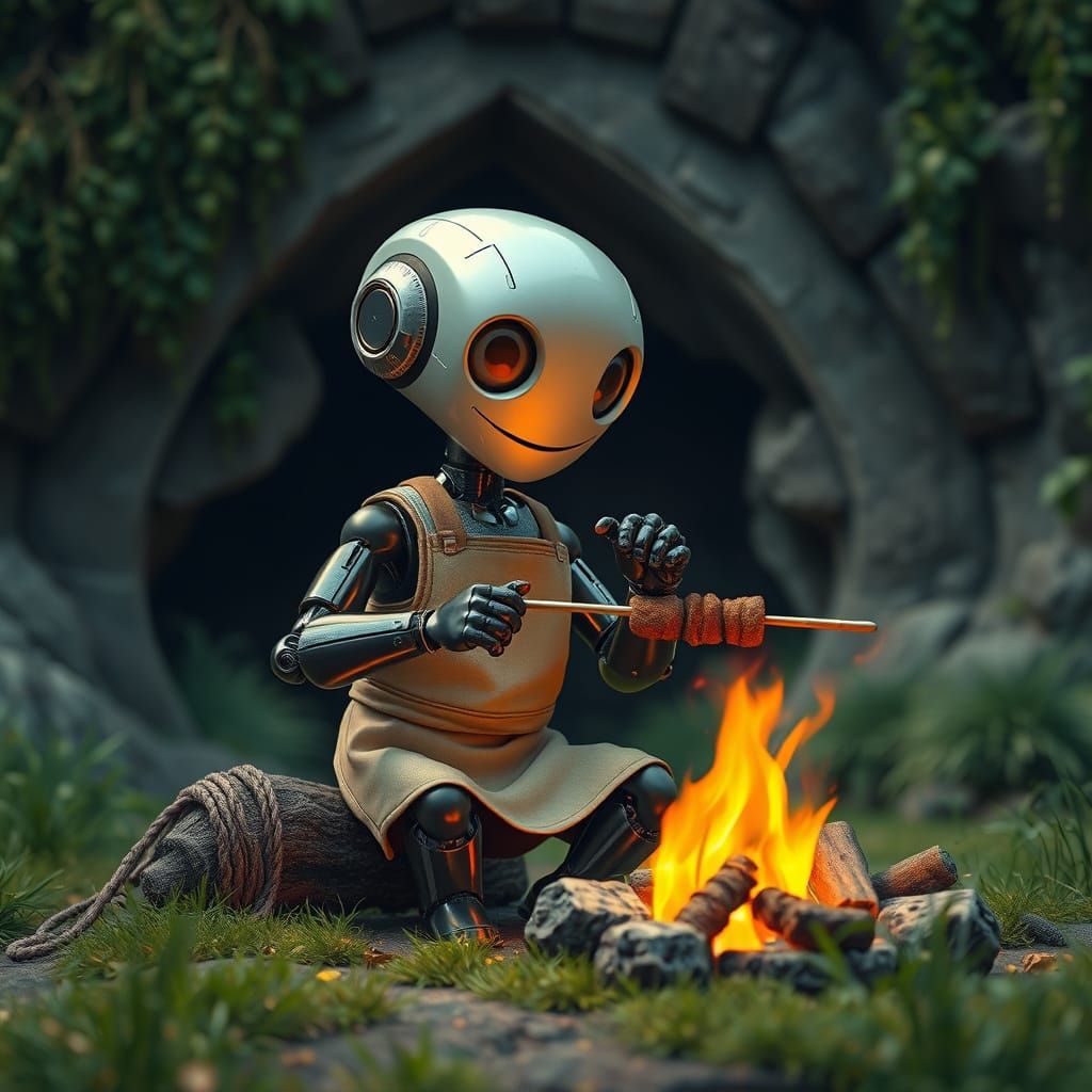 Robot Chef Grilling at Cave Entrance, Matte Painting