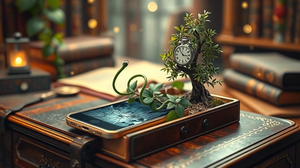 Surreal Time Travel Scene with Clock Flowers and Money Tree