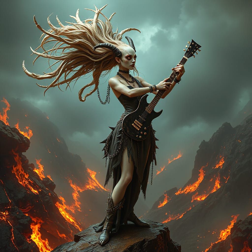 An evil, demonic, grotesque biomechanical gorgeously beautiful goddess with a guitar made of twisted bones and sinew, st...