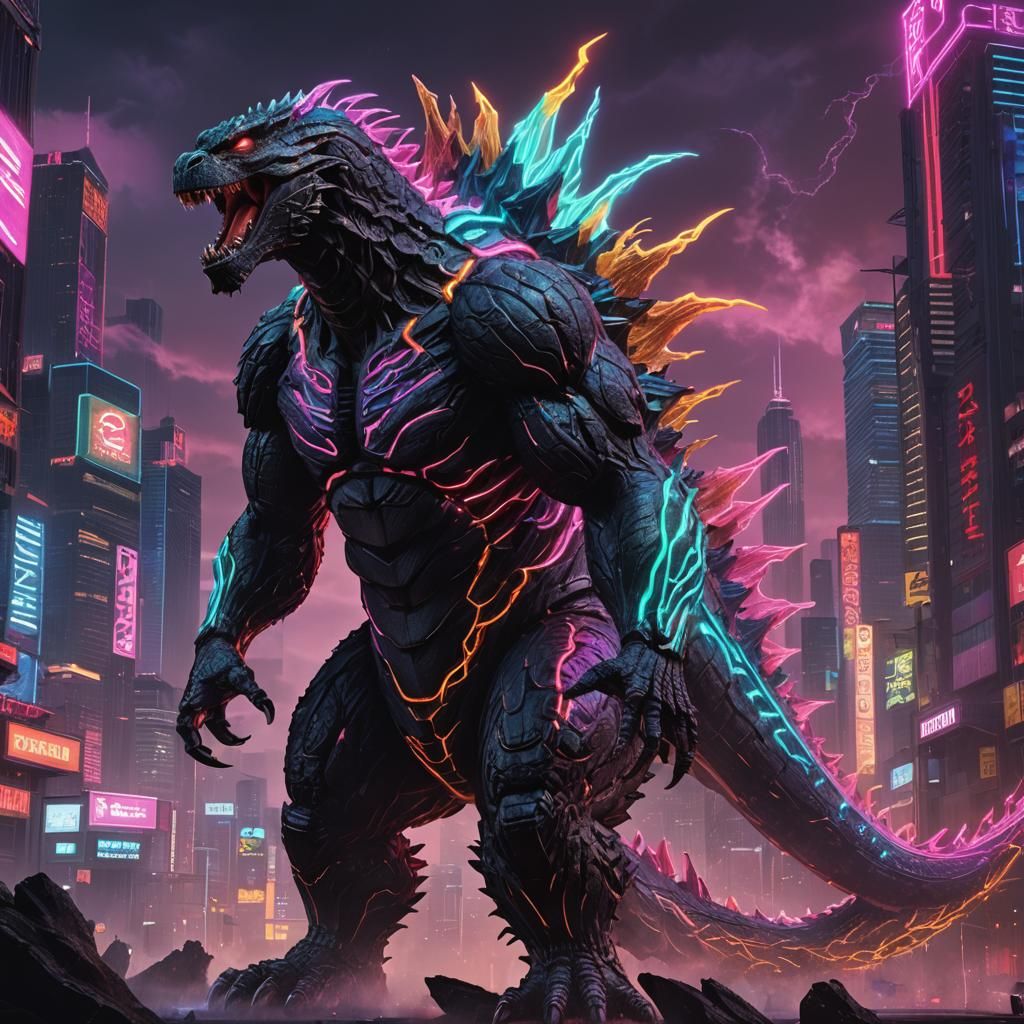Godzilla with Neon Veins in Synthwave Style