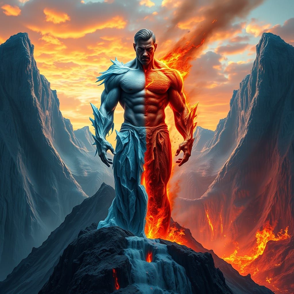 Heroic, Bi-Polar Titan Stands on Surreal Volcano's Edge