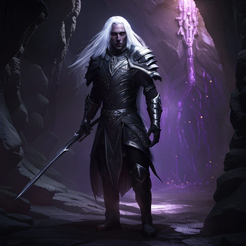 Elven Warrior in Underground Cavern: Dark Fantasy Art