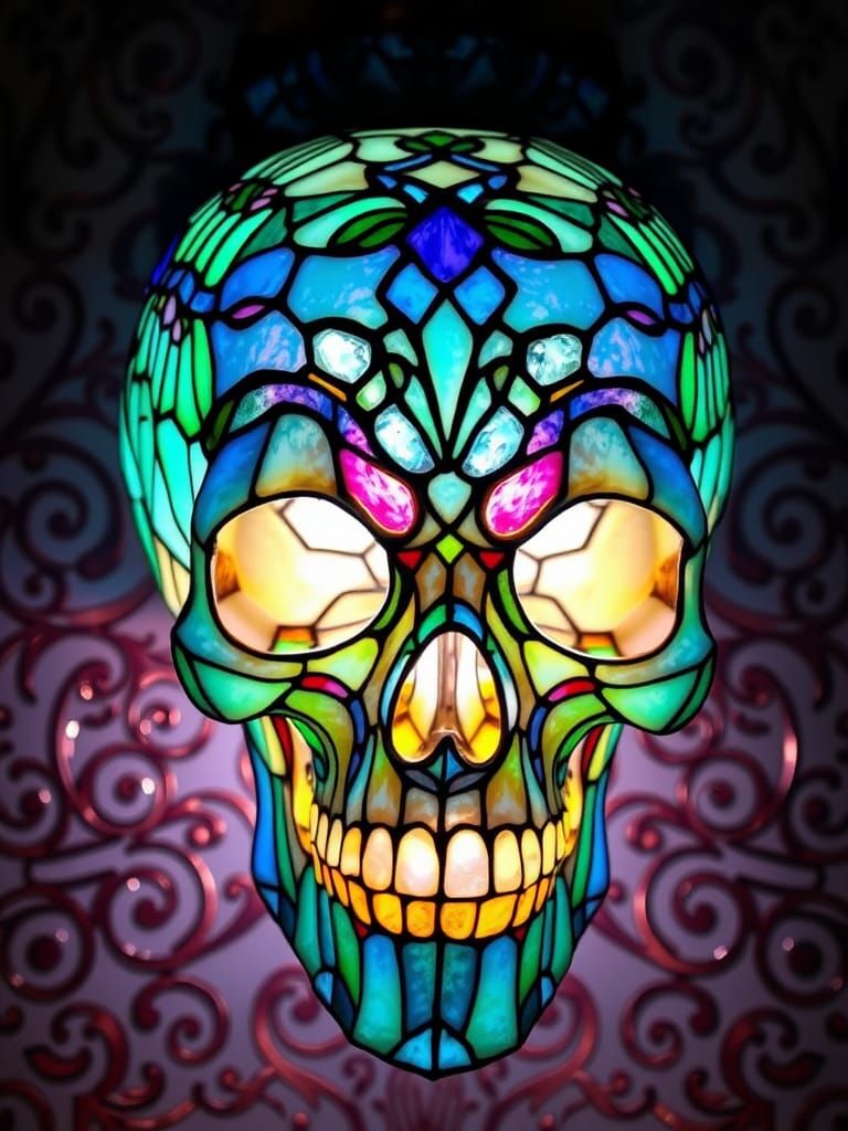 Stained Glass Skull Lamp in Art Nouveau Style