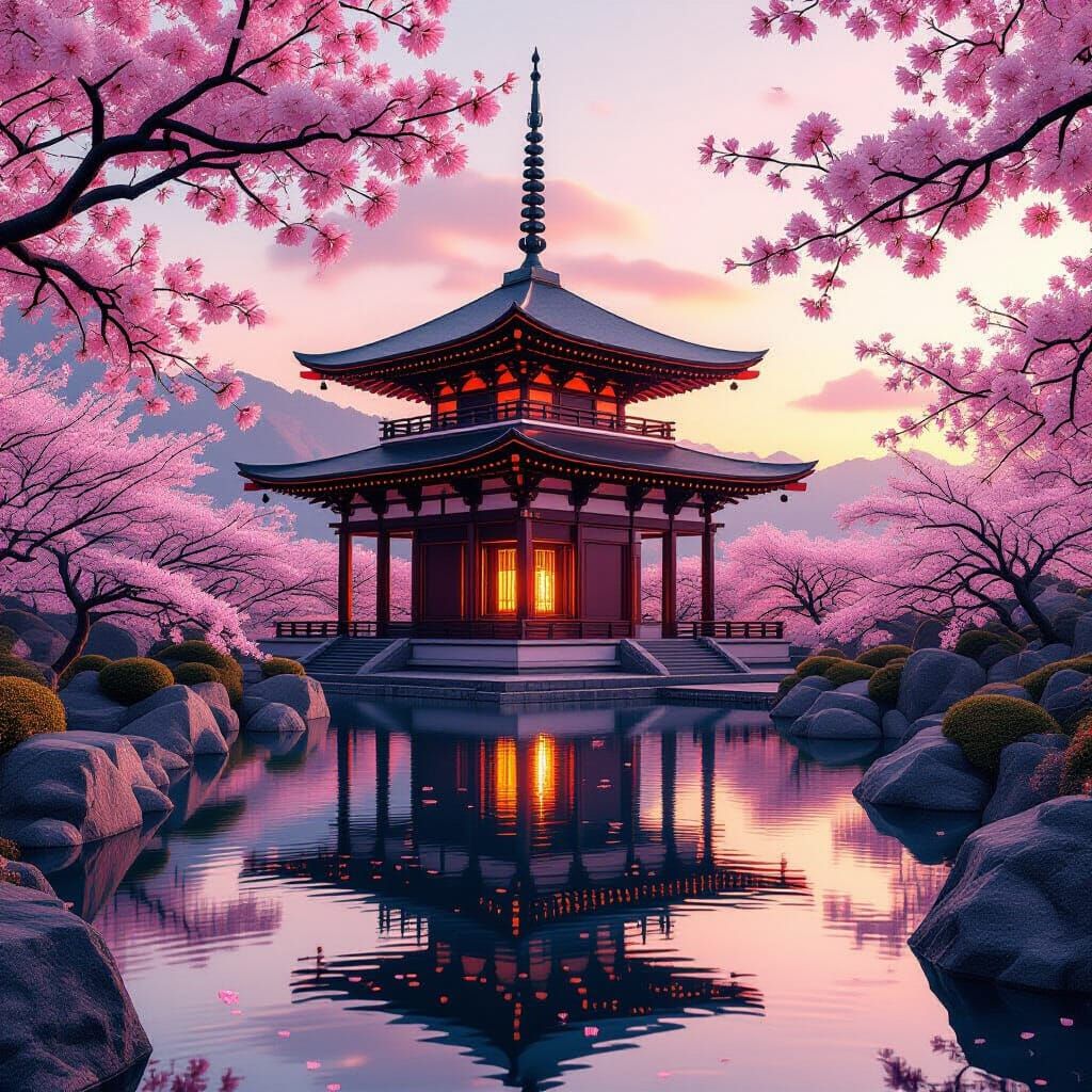 Futuristic Temple Among Cherry Blossoms at Dusk