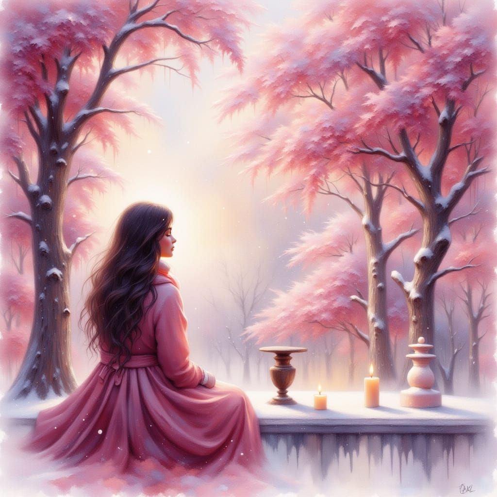Solitary Woman Gazing at Snowfall in Dreamy Watercolor Style