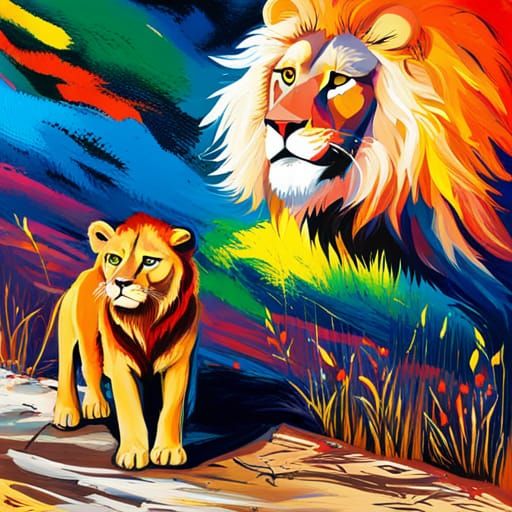 Lion Father and Son in Colorful Graffiti Style