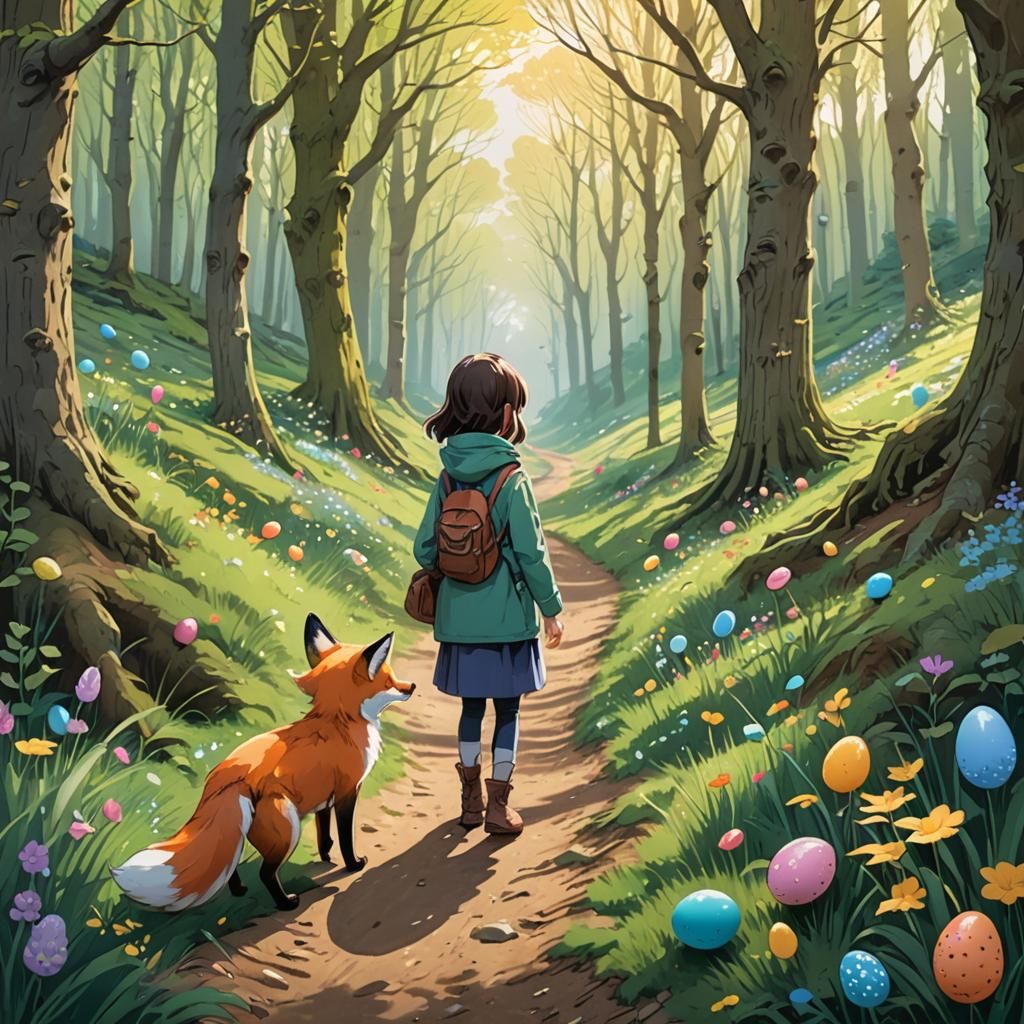 Girl and Fox Hunt Easter Eggs, Ghibli-esque Anime