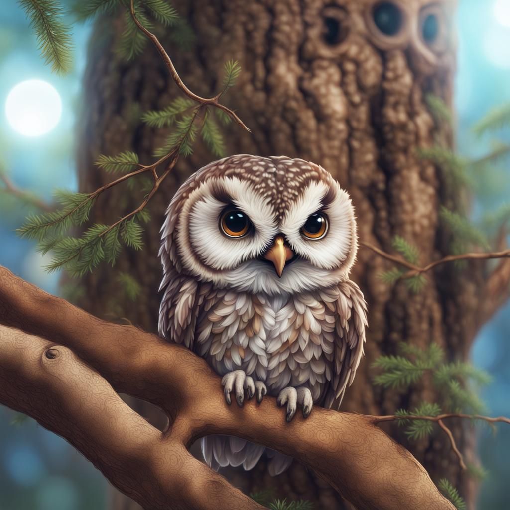 Hyperrealistic Owl on Branch Digital Illustration