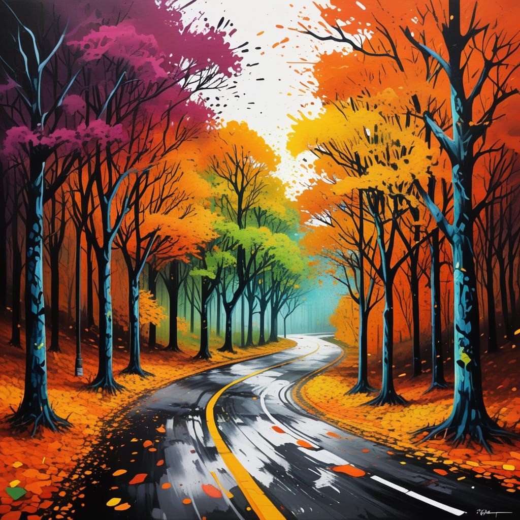 A winding road lined with trees during autumn 145