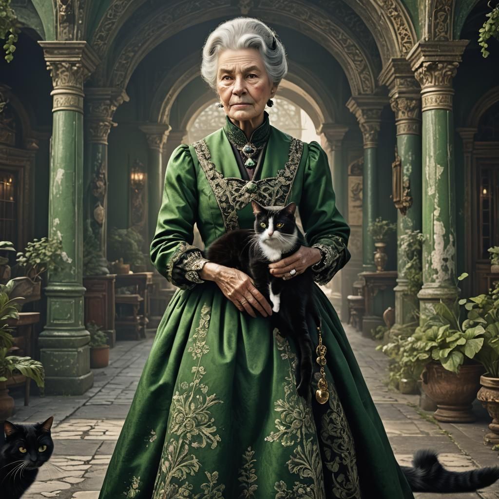 Aristocratic Woman with Cat: Detailed Matte Painting