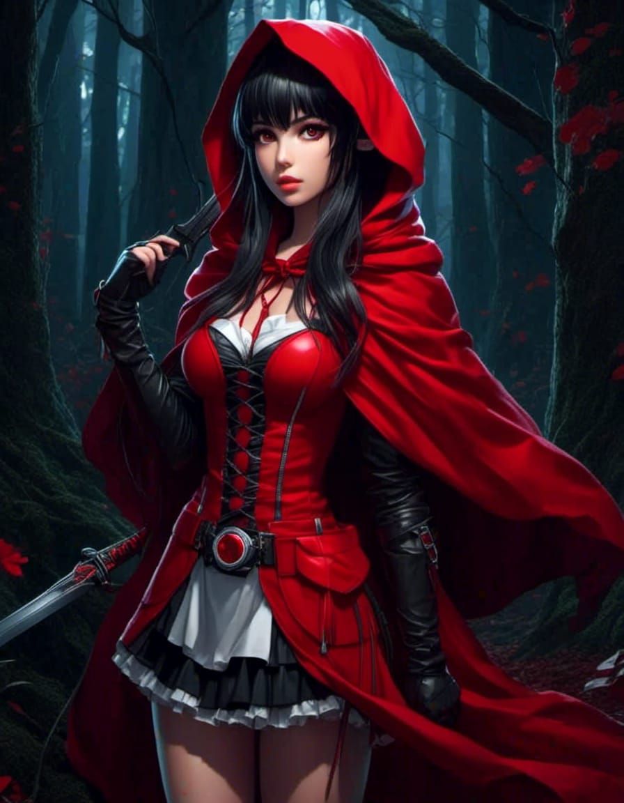 Anime Little Red Riding Hood Gothic Warrior princess. In woods low light. <lora:Gridimation:1.0>