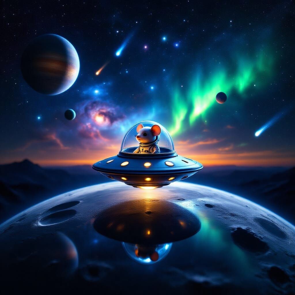 Hyperrealistic UFO with Chibi Mouse on Moon Surface