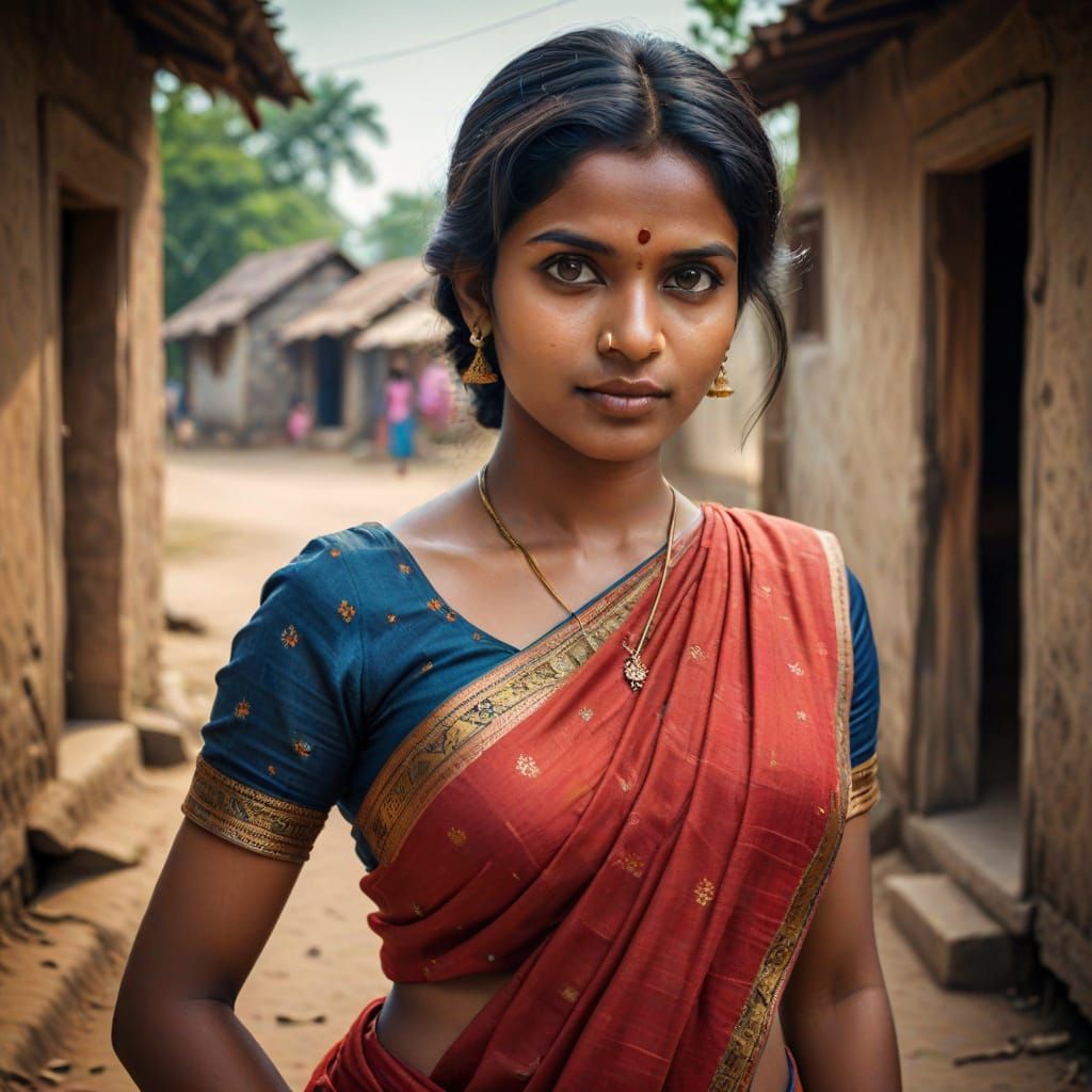Tamil Saree Beauty in Hyperrealistic Village Scene