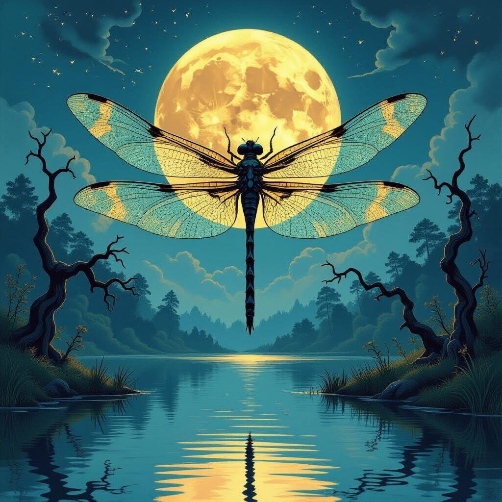 Ancient Dragonfly Over Moonlit Lake in Surreal Style